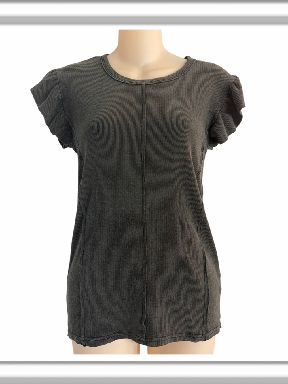 POL Vera Ribbed Top Flutter Sleeve Back Zipper Size Small Fitted Dark Gray